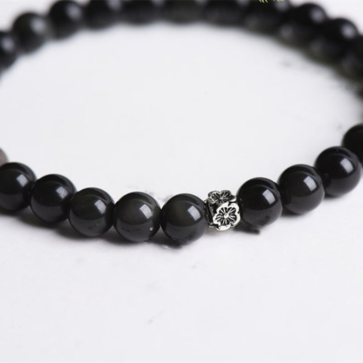 Buddha Stonesブラックオブシディアンビーズ 925スターリングシルバー フラワーデザイン 浄化ブレスレット