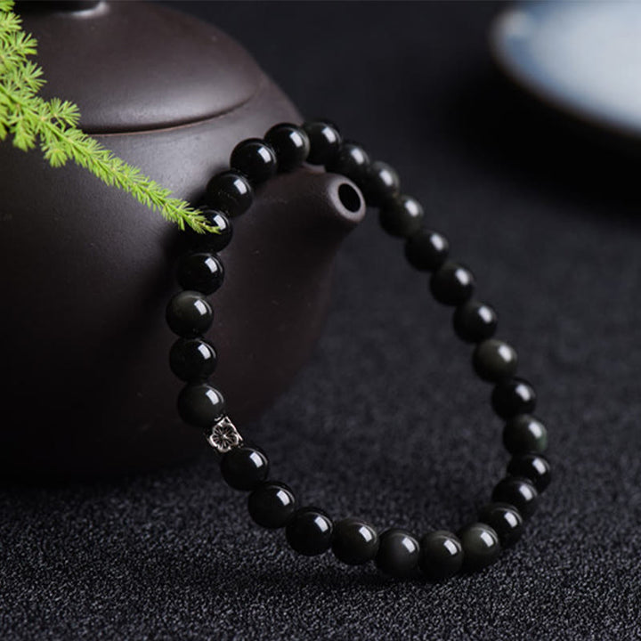 Buddha Stonesブラックオブシディアンビーズ 925スターリングシルバー フラワーデザイン 浄化ブレスレット