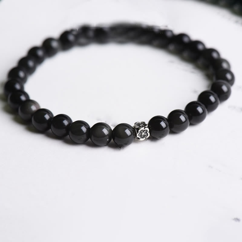 Buddha Stonesブラックオブシディアンビーズ 925スターリングシルバー フラワーデザイン 浄化ブレスレット