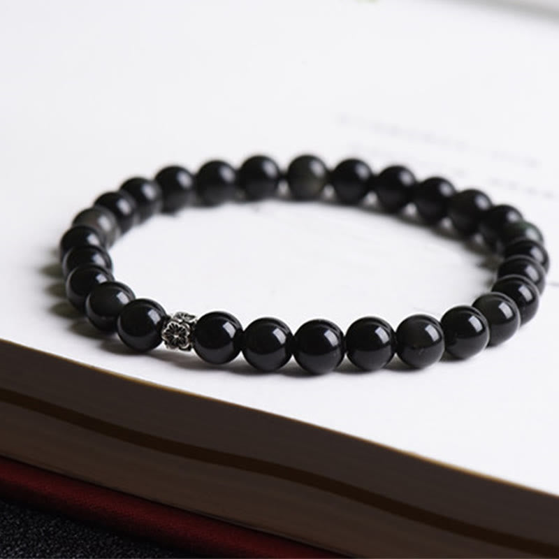 Buddha Stonesブラックオブシディアンビーズ 925スターリングシルバー フラワーデザイン 浄化ブレスレット
