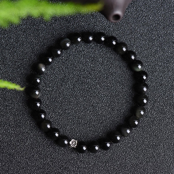 Buddha Stonesブラックオブシディアンビーズ 925スターリングシルバー フラワーデザイン 浄化ブレスレット