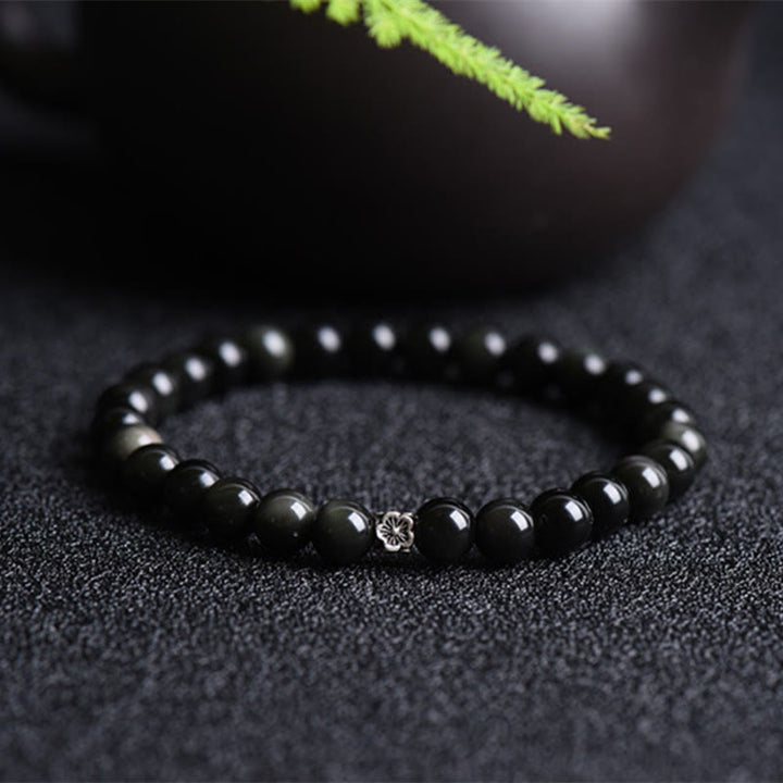 Buddha Stonesブラックオブシディアンビーズ 925スターリングシルバー フラワーデザイン 浄化ブレスレット