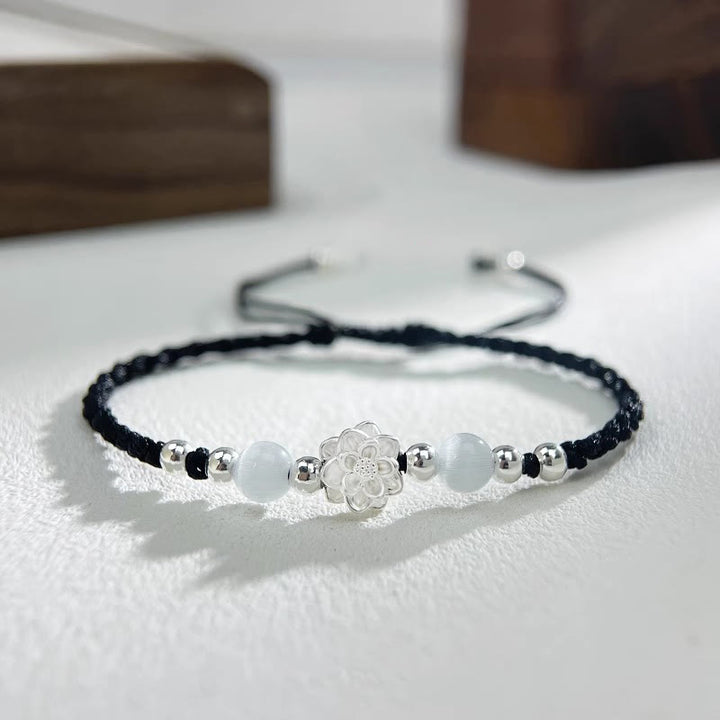 Buddha Stones 999スターリングシルバー ロータスデザイン キャッツアイビーズ プロテクションストリングブレスレット