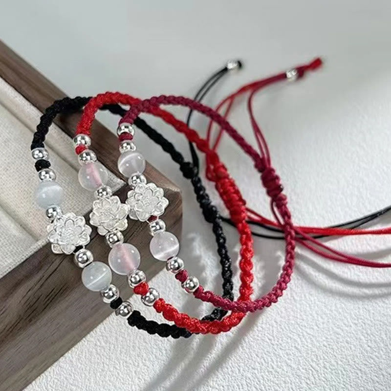 Buddha Stones 999スターリングシルバー ロータスデザイン キャッツアイビーズ プロテクションストリングブレスレット