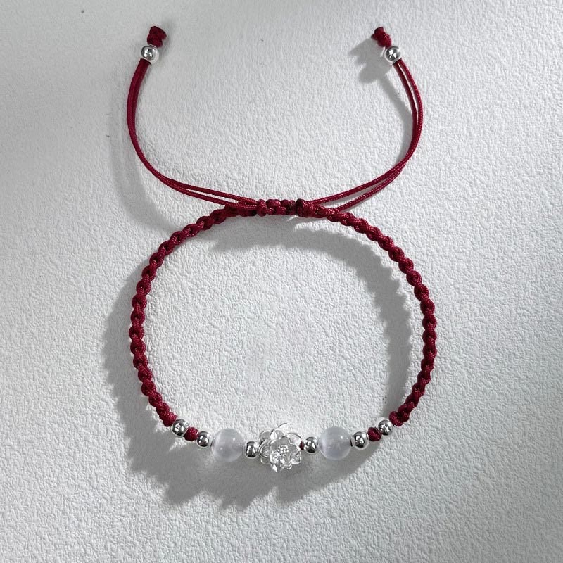 Buddha Stones 999スターリングシルバー ロータスデザイン キャッツアイビーズ プロテクションストリングブレスレット
