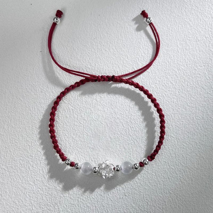 Buddha Stones 999スターリングシルバー ロータスデザイン キャッツアイビーズ プロテクションストリングブレスレット