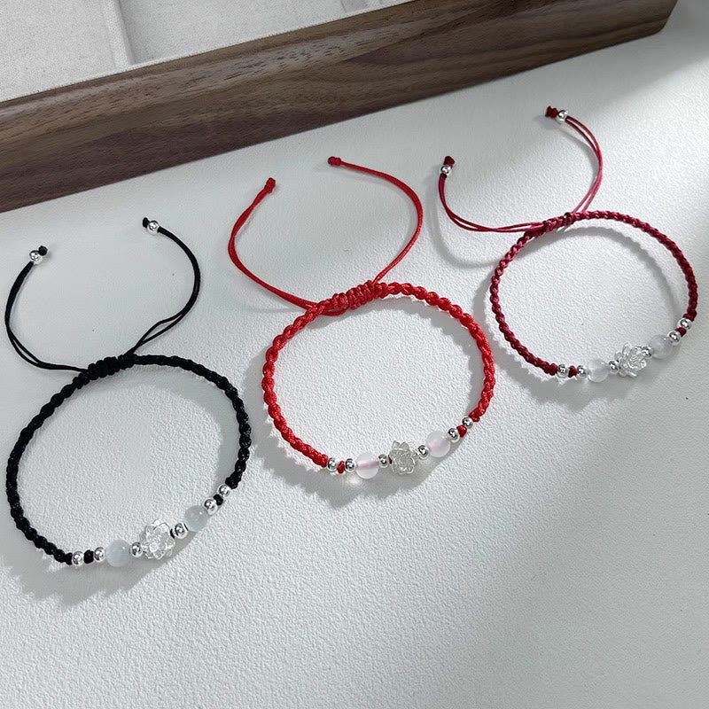 Buddha Stones 999スターリングシルバー ロータスデザイン キャッツアイビーズ プロテクションストリングブレスレット