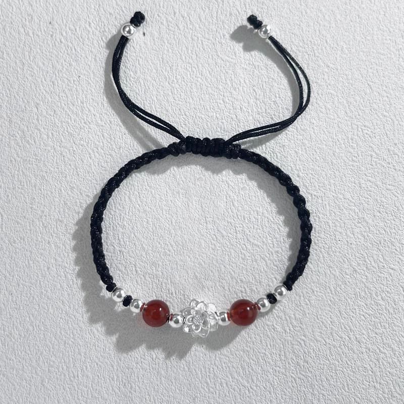 Buddha Stones 999スターリングシルバー ロータスデザイン キャッツアイビーズ プロテクションストリングブレスレット