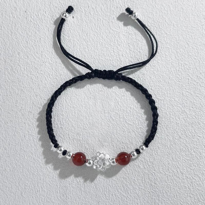 Buddha Stones 999スターリングシルバー ロータスデザイン キャッツアイビーズ プロテクションストリングブレスレット