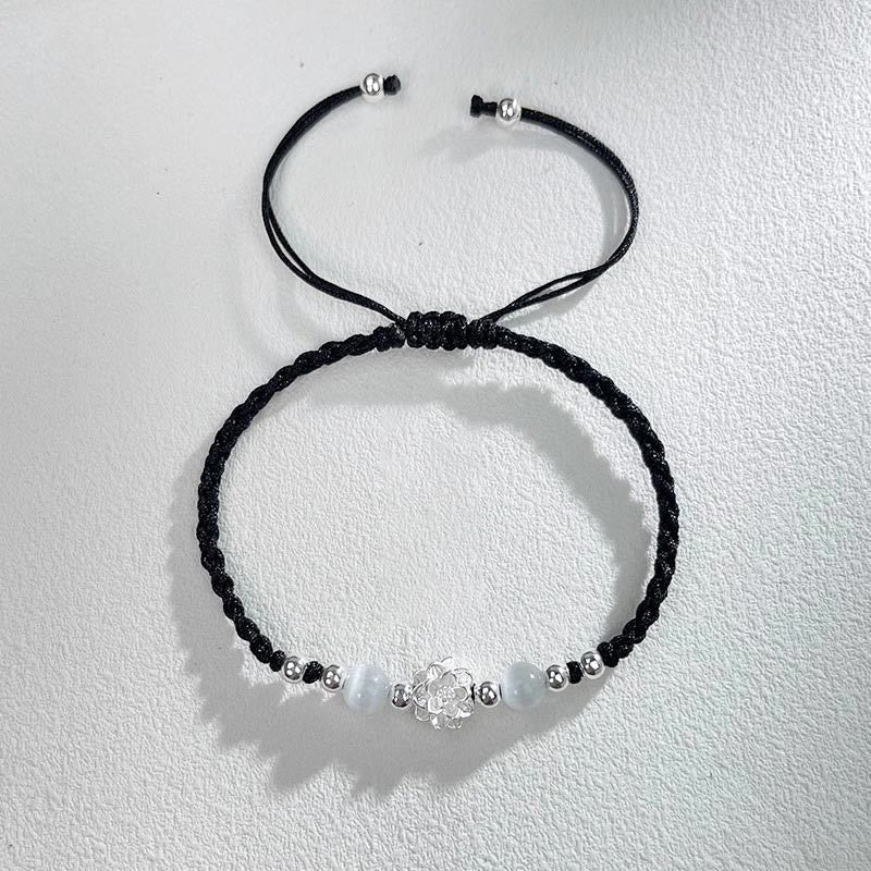 Buddha Stones 999スターリングシルバー ロータスデザイン キャッツアイビーズ プロテクションストリングブレスレット
