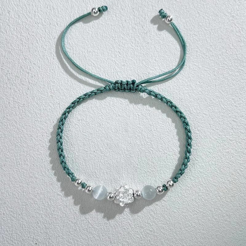 Buddha Stones 999スターリングシルバー ロータスデザイン キャッツアイビーズ プロテクションストリングブレスレット