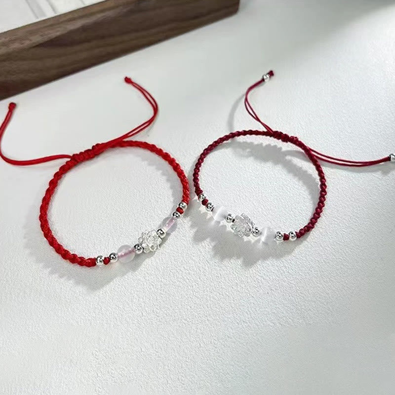 Buddha Stones 999スターリングシルバー ロータスデザイン キャッツアイビーズ プロテクションストリングブレスレット