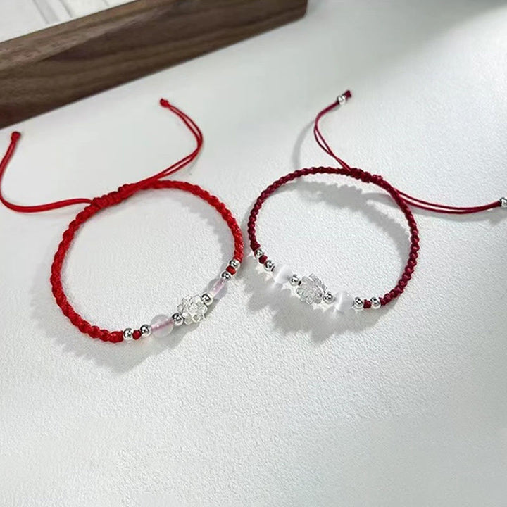 Buddha Stones 999スターリングシルバー ロータスデザイン キャッツアイビーズ プロテクションストリングブレスレット