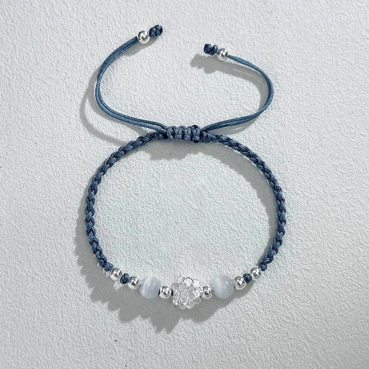 Buddha Stones 999スターリングシルバー ロータスデザイン キャッツアイビーズ プロテクションストリングブレスレット