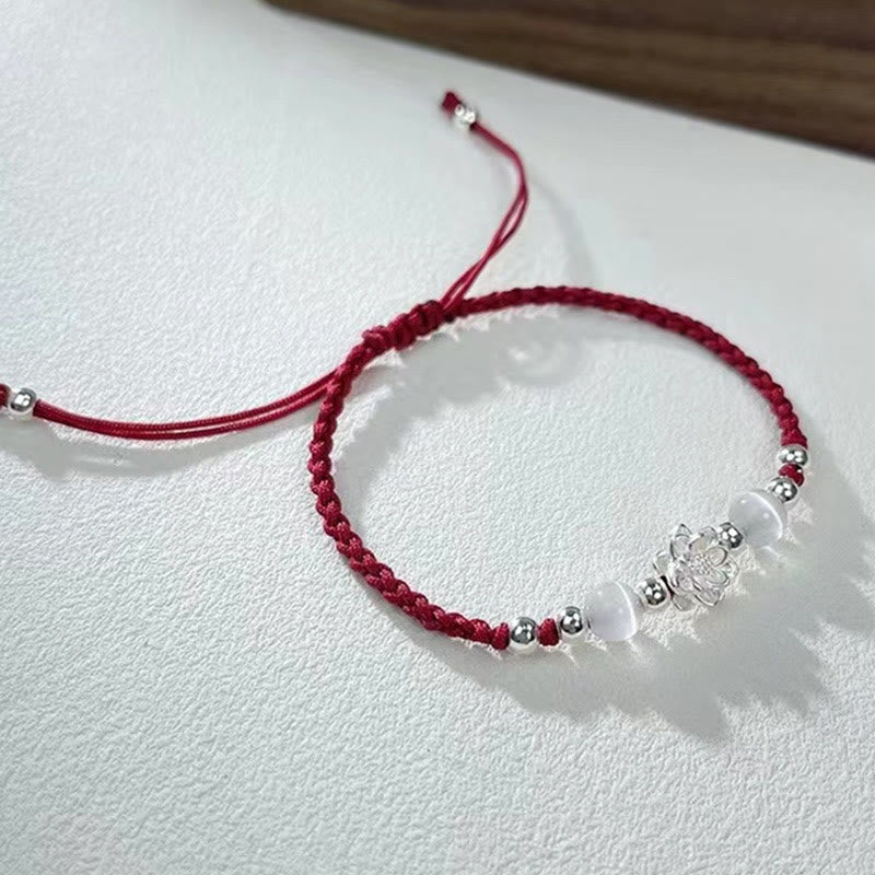 Buddha Stones 999スターリングシルバー ロータスデザイン キャッツアイビーズ プロテクションストリングブレスレット