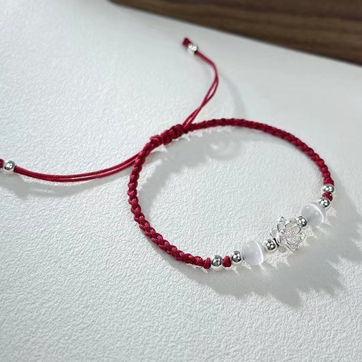 Buddha Stones 999スターリングシルバー ロータスデザイン キャッツアイビーズ プロテクションストリングブレスレット