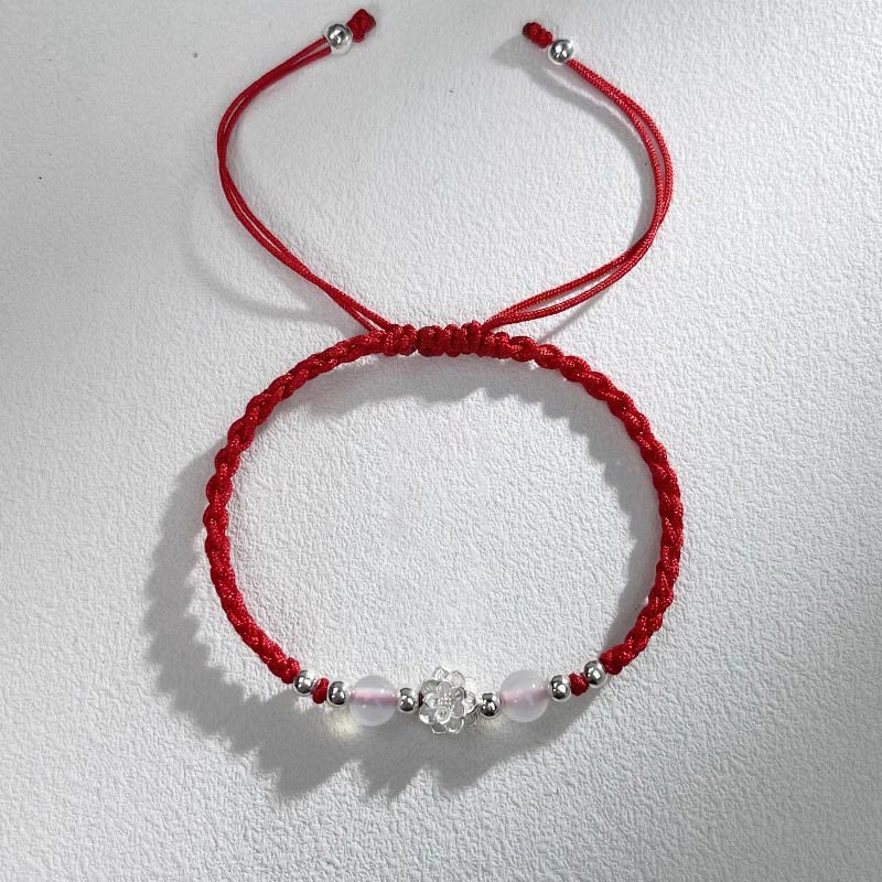 Buddha Stones 999スターリングシルバー ロータスデザイン キャッツアイビーズ プロテクションストリングブレスレット