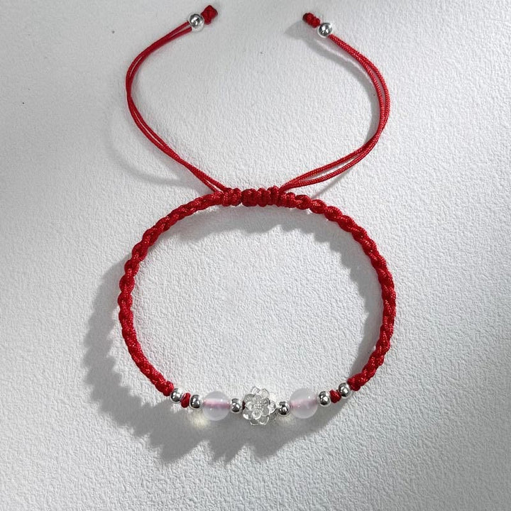 Buddha Stones 999スターリングシルバー ロータスデザイン キャッツアイビーズ プロテクションストリングブレスレット