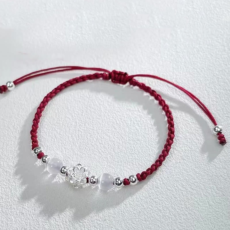 Buddha Stones 999スターリングシルバー ロータスデザイン キャッツアイビーズ プロテクションストリングブレスレット