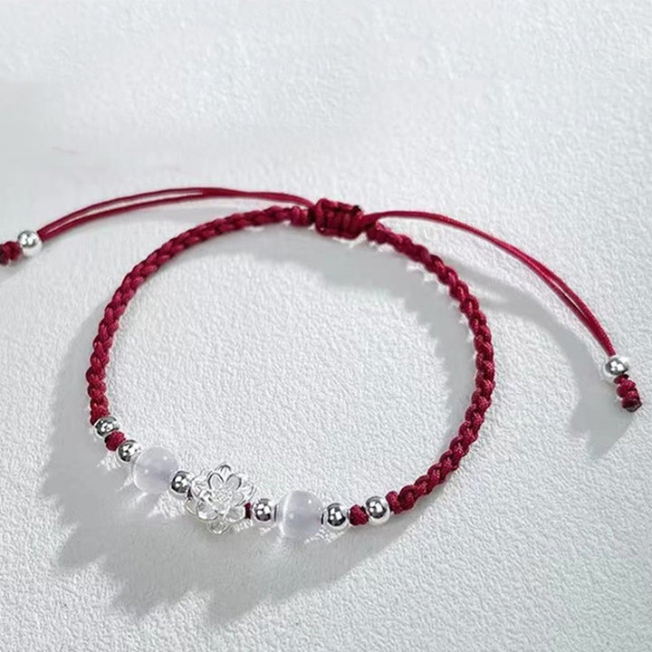 Buddha Stones 999スターリングシルバー ロータスデザイン キャッツアイビーズ プロテクションストリングブレスレット
