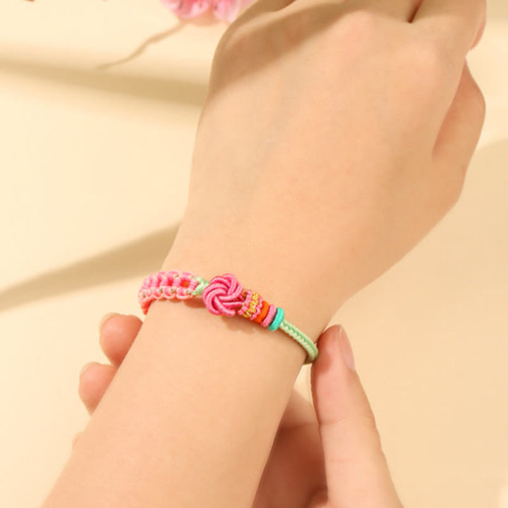 Buddha Stonesハンドメイド ピンクグリーン 桃の花結び編みブレスレット