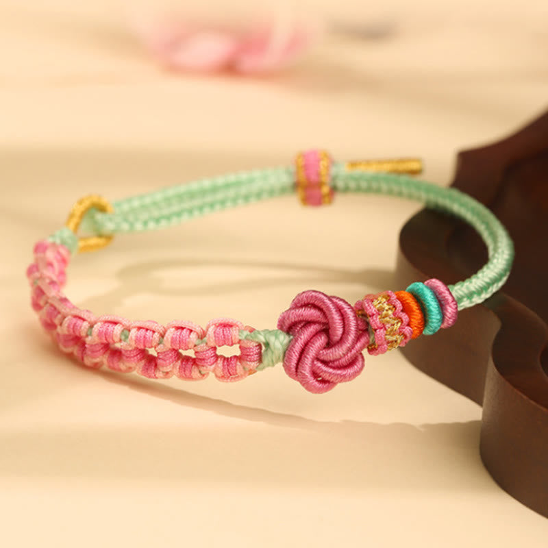 Buddha Stonesハンドメイド ピンクグリーン 桃の花結び編みブレスレット