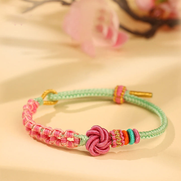 Buddha Stonesハンドメイド ピンクグリーン 桃の花結び編みブレスレット