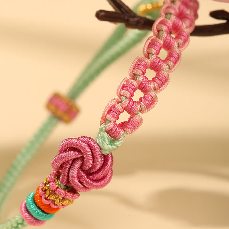 Buddha Stonesハンドメイド ピンクグリーン 桃の花結び編みブレスレット