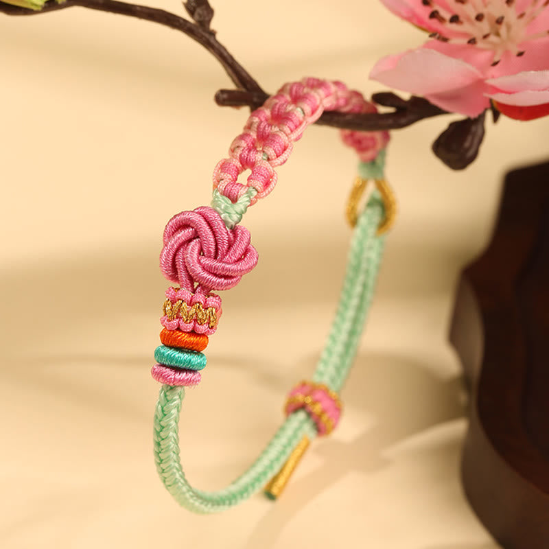 Buddha Stonesハンドメイド ピンクグリーン 桃の花結び編みブレスレット