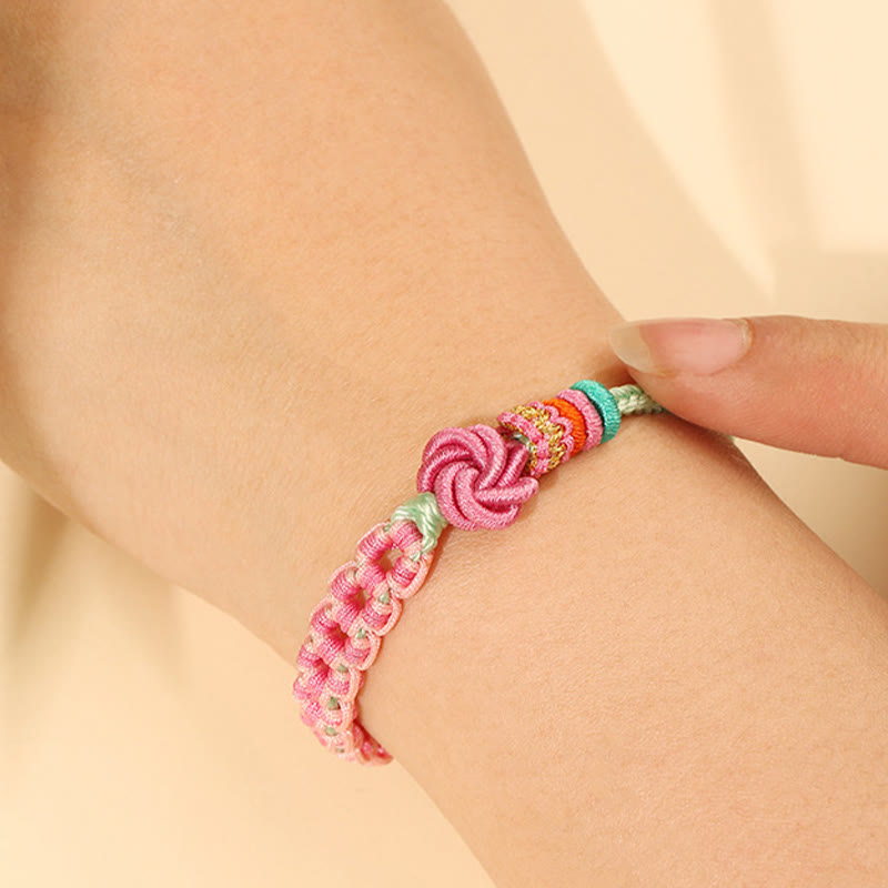 Buddha Stonesハンドメイド ピンクグリーン 桃の花結び編みブレスレット