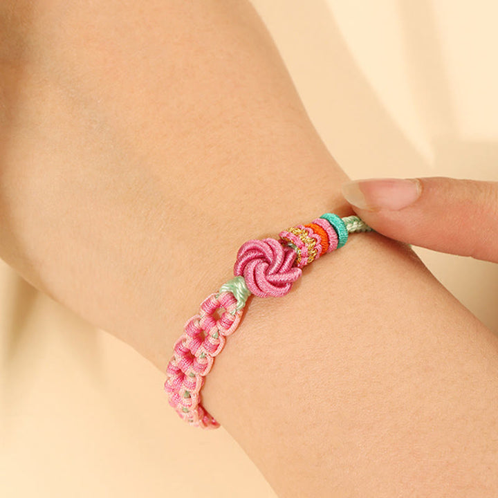 Buddha Stonesハンドメイド ピンクグリーン 桃の花結び編みブレスレット