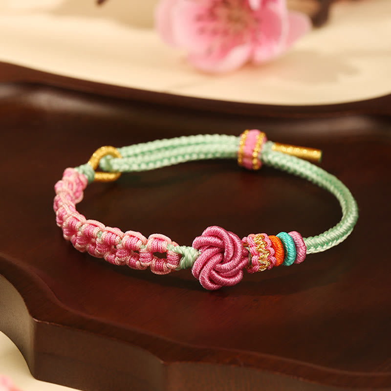 Buddha Stonesハンドメイド ピンクグリーン 桃の花結び編みブレスレット