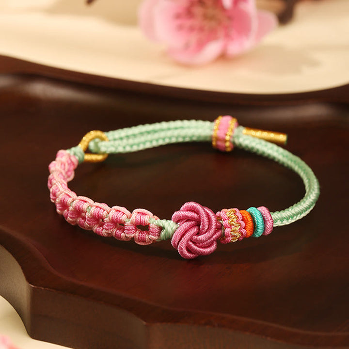 Buddha Stonesハンドメイド ピンクグリーン 桃の花結び編みブレスレット