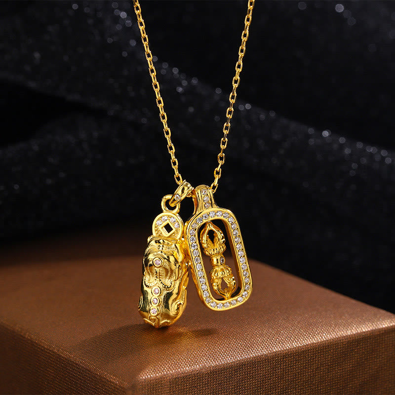 Buddha Stones999 スターリングシルバー ゴールデンPiXiu銅貨 金剛杵 富のネックレス ペンダント - 999スターリングシルバーの黄金貔貅金剛杵 - image 1