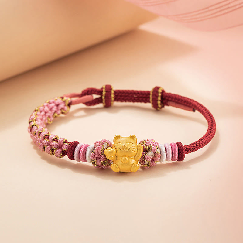 Buddha Stonesハンドメイド 999 スターリングシルバー幸運繁栄の猫インゴット 桃の花 幸運 赤いロープブレスレット - 赤いロープ（手首周り14～19cm） - image 0