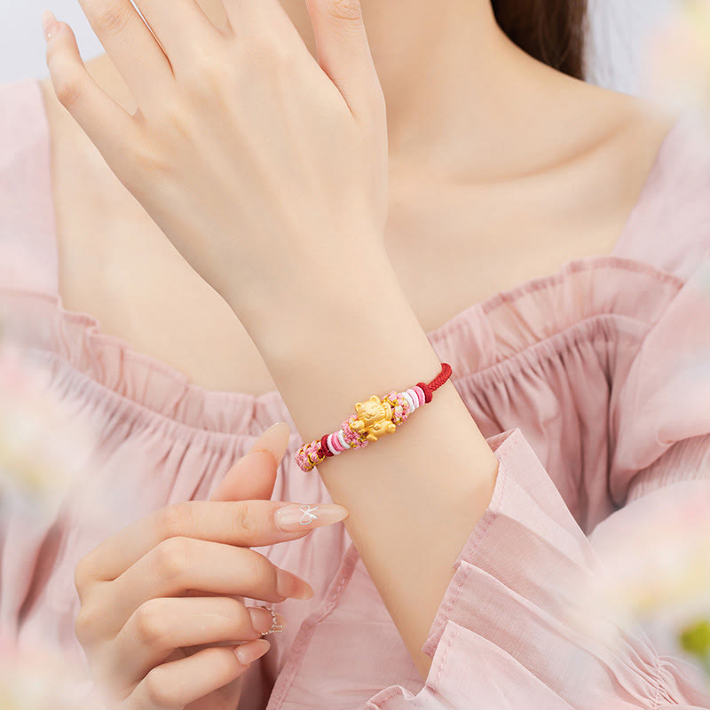 Buddha Stonesハンドメイド 999 スターリングシルバー幸運繁栄の猫インゴット 桃の花 幸運 赤いロープブレスレット - image 4