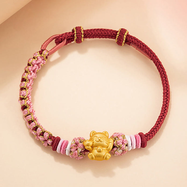 Buddha Stonesハンドメイド 999 スターリングシルバー幸運繁栄の猫インゴット 桃の花 幸運 赤いロープブレスレット - image 1