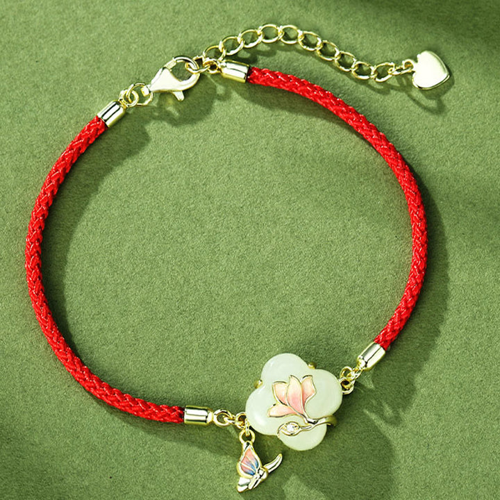 Buddha Stones 925スターリングシルバー 和田翡翠 マグノリアフラワー バタフライ 幸運のチェーンブレスレット