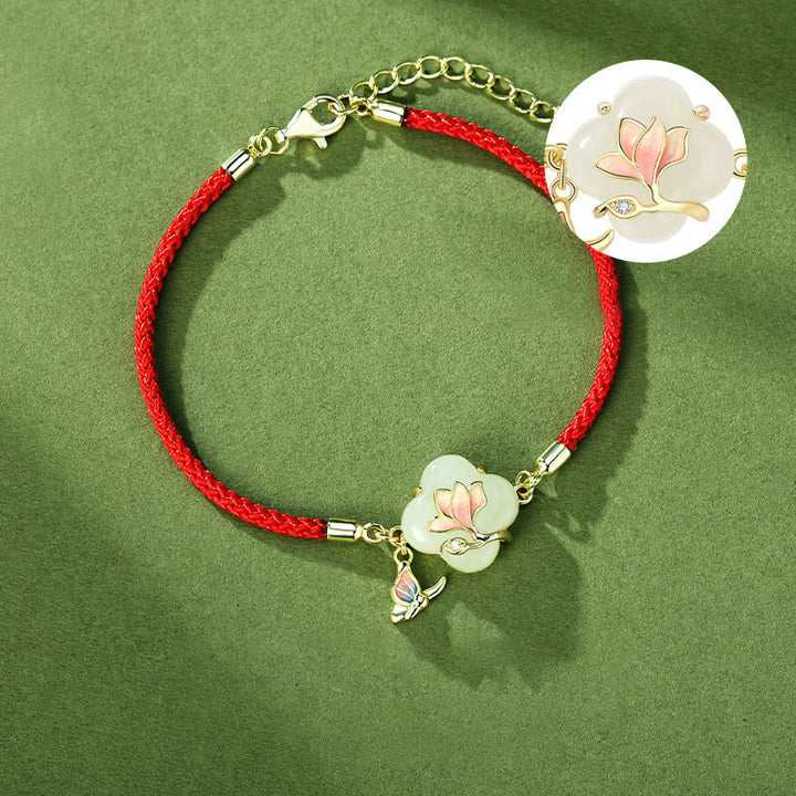 Buddha Stones 925スターリングシルバー 和田翡翠 マグノリアフラワー バタフライ 幸運のチェーンブレスレット