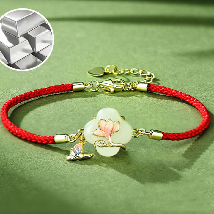 Buddha Stones 925スターリングシルバー 和田翡翠 マグノリアフラワー バタフライ 幸運のチェーンブレスレット