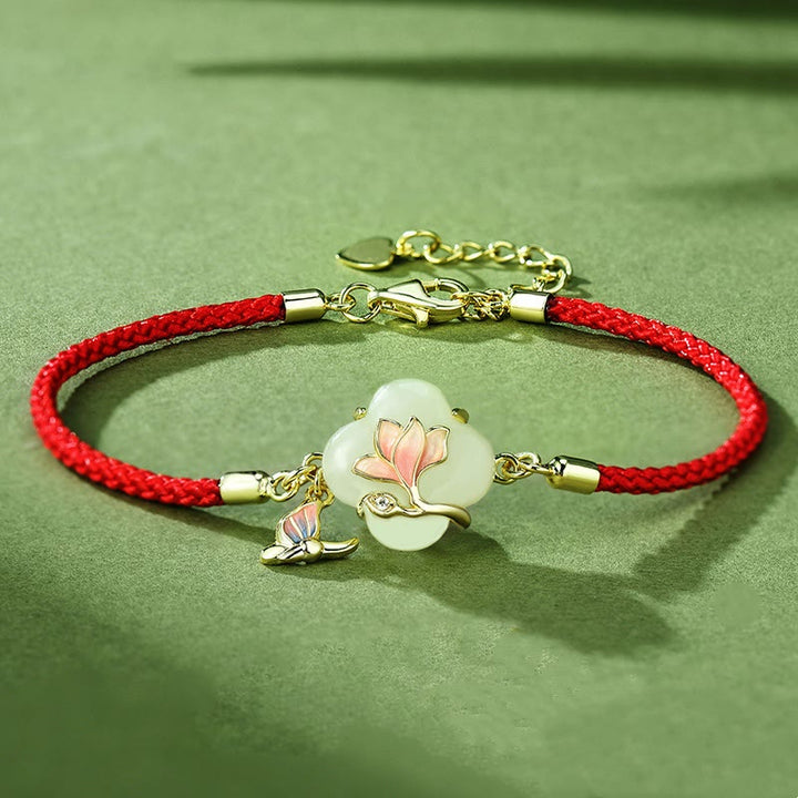 Buddha Stones 925スターリングシルバー 和田翡翠 マグノリアフラワー バタフライ 幸運のチェーンブレスレット