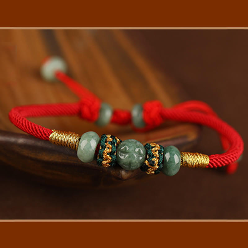 Buddha Stones翡翠そろばんビーズ繁栄の赤い紐ロープブレスレット