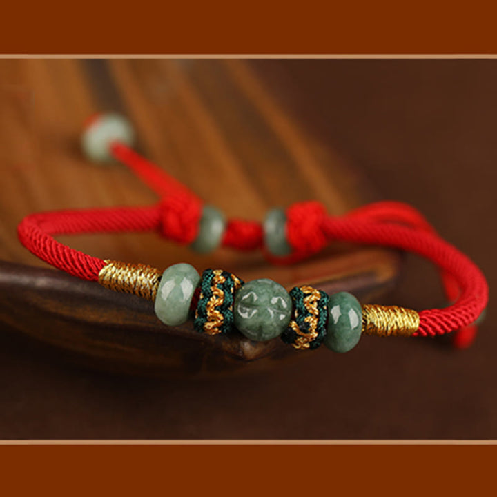 Buddha Stones翡翠そろばんビーズ繁栄の赤い紐ロープブレスレット