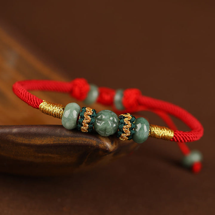 Buddha Stones翡翠そろばんビーズ繁栄の赤い紐ロープブレスレット