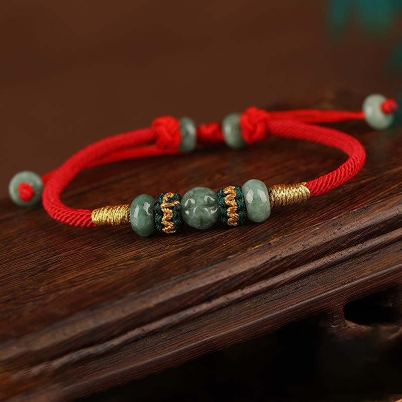 Buddha Stones翡翠そろばんビーズ繁栄の赤い紐ロープブレスレット