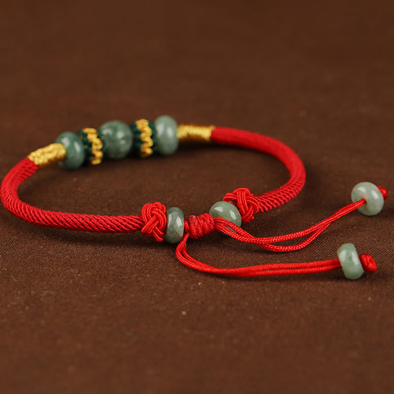 Buddha Stones翡翠そろばんビーズ繁栄の赤い紐ロープブレスレット