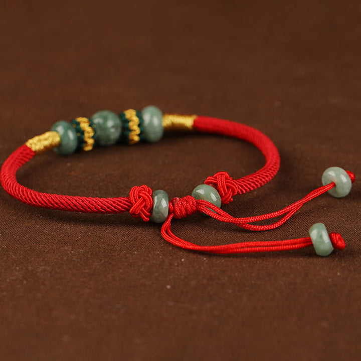 Buddha Stones翡翠そろばんビーズ繁栄の赤い紐ロープブレスレット
