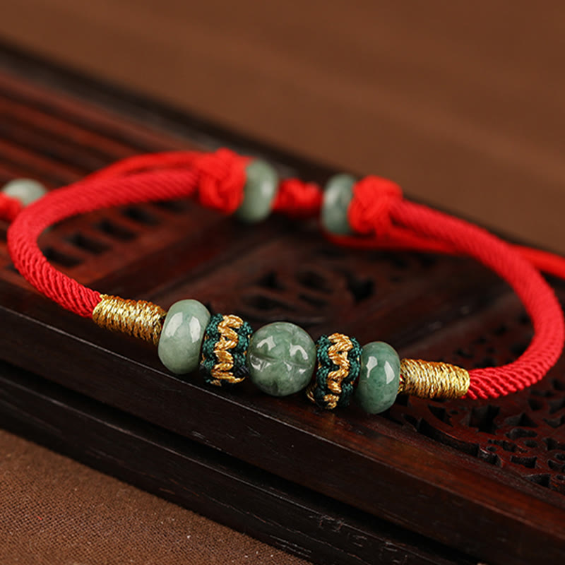 Buddha Stones翡翠そろばんビーズ繁栄の赤い紐ロープブレスレット