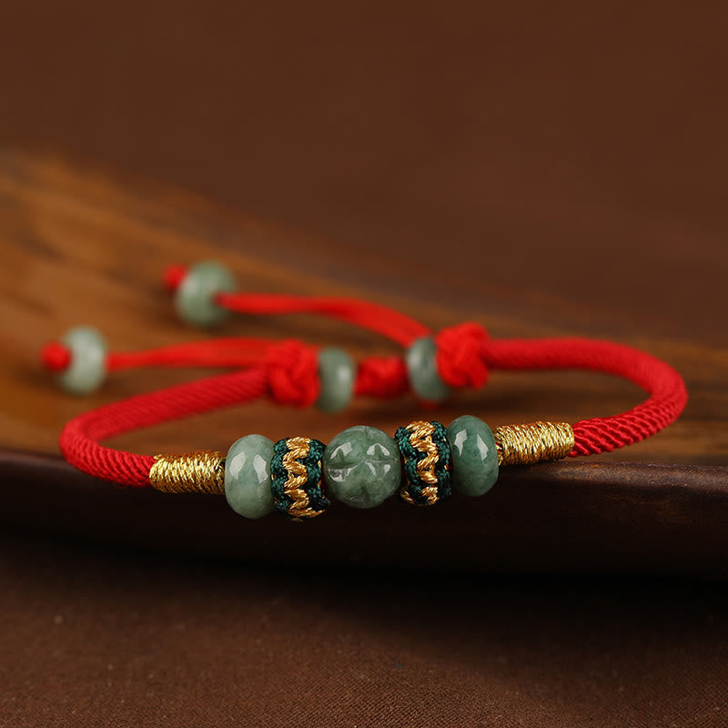 Buddha Stones翡翠そろばんビーズ繁栄の赤い紐ロープブレスレット