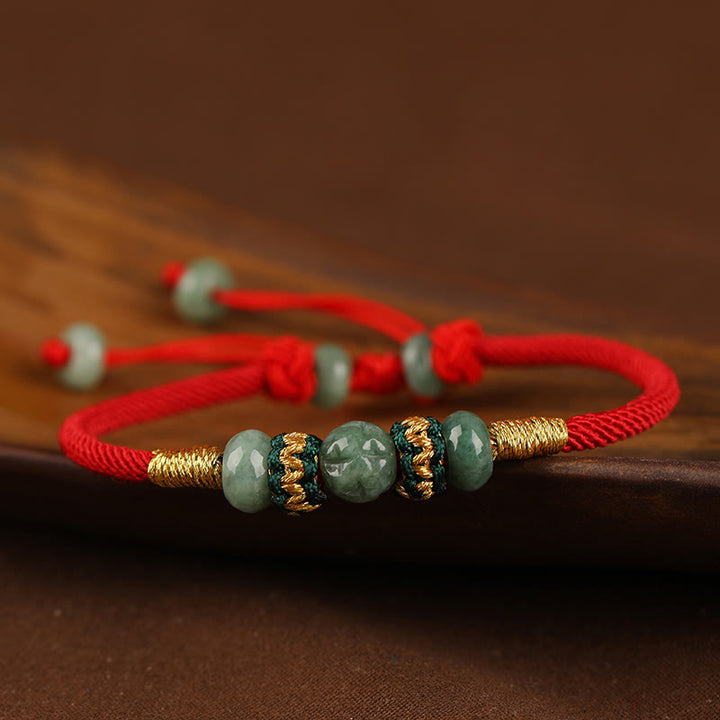 Buddha Stones翡翠そろばんビーズ繁栄の赤い紐ロープブレスレット